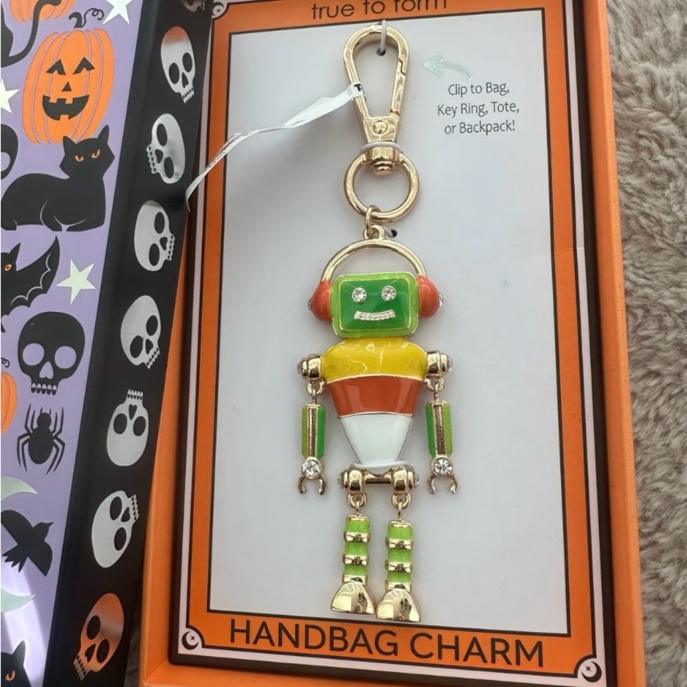 New, Never Used True to Form Halloween Candy Corn Robot Purse Clip Bag Charm